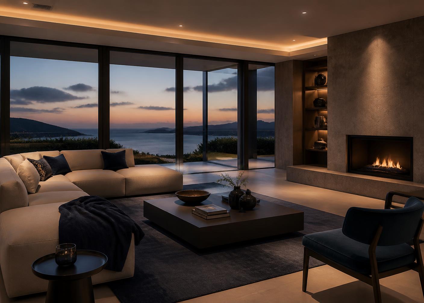 Salón de una villa de lujo al atardecer